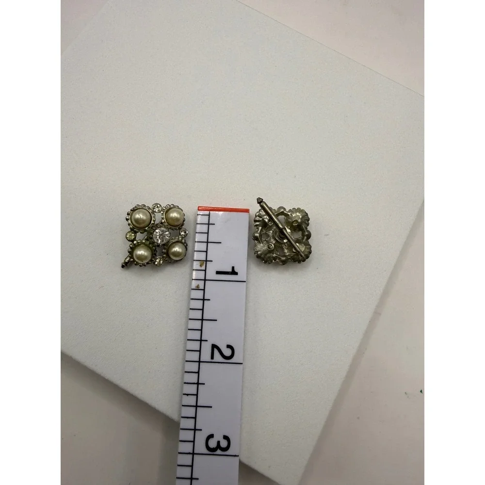 Vintage Faux Pearl Rhinestone Silver Tone Cufflinks Mid Century Formal Wedding